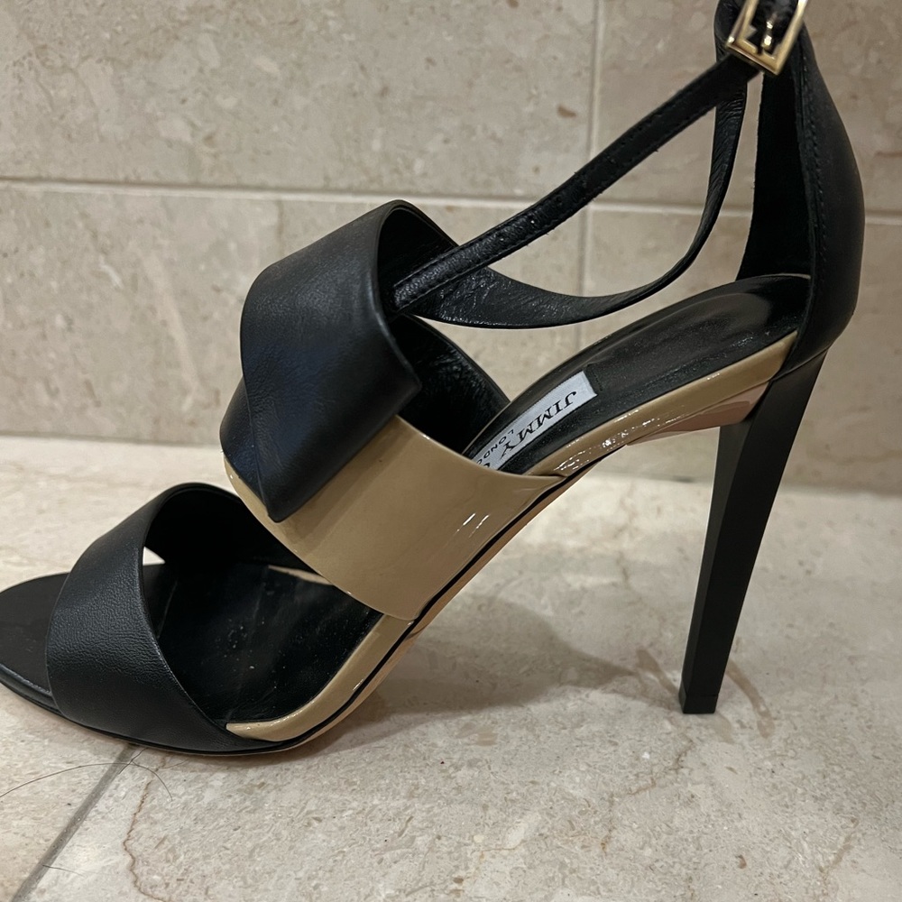 JimmyChoo tan and black strappy heels